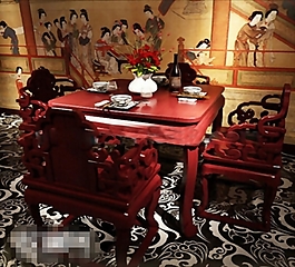 红色调低调中式古典风格桌椅素材