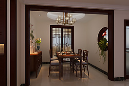 中式长桌餐厅模型