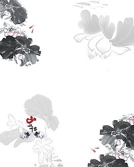 手绘油墨荷花山水情移门画