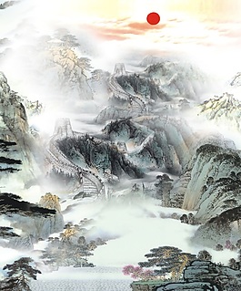 手绘山水油墨日出移门画