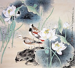 中式风仙鹤饮水图