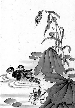 中式油墨鸳鸯戏水黑白荷花图