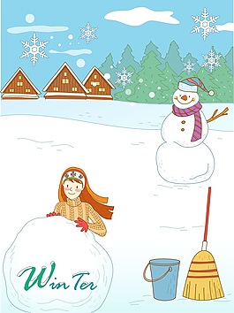 简约手绘冬季雪人玄关背景墙