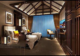 宾馆酒店美式大床房模型下载