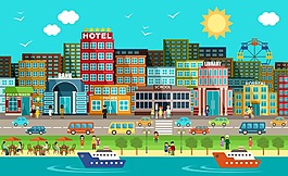 卡通彩色城市建筑插画