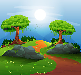 矢量夕阳风景树木素材