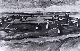 黑白海边劳作人物油画装饰画素材