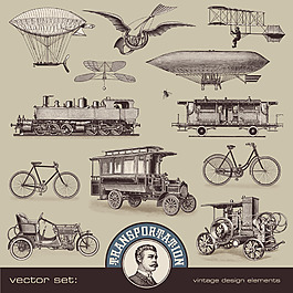 手绘复古出行工具等矢量素材