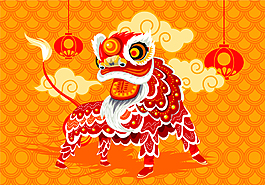 中国风扁平舞狮海报矢量背景素材