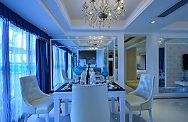 简约风室内设计餐厅蓝色窗帘效果图