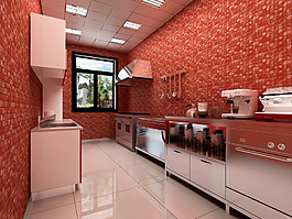 现代简约风室内设计厨房红色调效果图