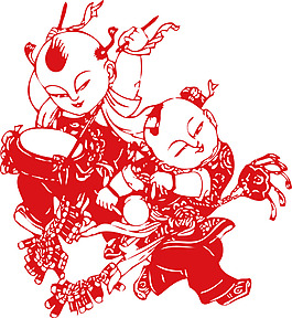 喜庆剪纸福娃剪纸花png元素