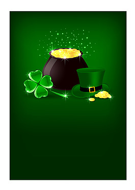 四叶草金币礼帽绿色矢量背景