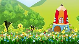 卡通绿树建筑景色视频素材