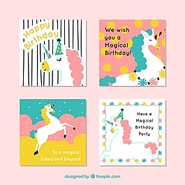 四个可爱的生日卡片与独角兽