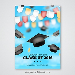 模糊的毕业晚会海报花环和毕业帽