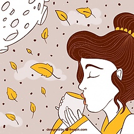 女人喝茶，中秋节