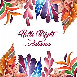 秋天bakcground水彩红，Orange，黄色和绿色的叶子