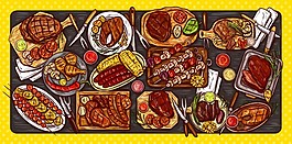 矢量插图，烹饪旗帜，烤肉背景，烤肉，香肠，蔬菜和酱汁。