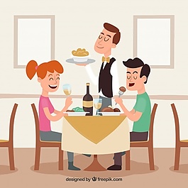 笑脸情侣和餐厅服务员