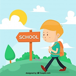 背着书包去学校的男孩