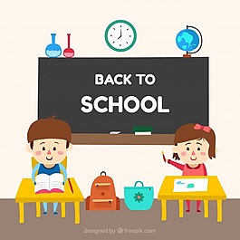 与学校教材坐在教室里的孩子