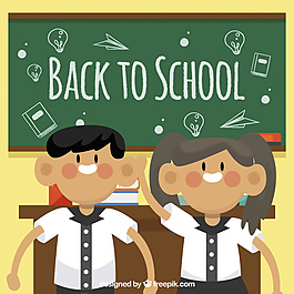 笑脸的同学和平面设计的黑板