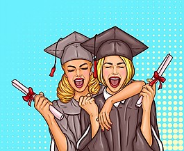 两个波普艺术兴奋的女孩毕业时戴着毕业帽，手里拿着大学文凭。