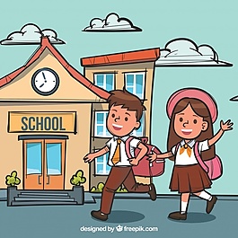 手画笑脸的孩子上学