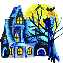 水彩手绘万圣节城堡