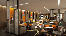 大气酒店大厅橙色抱枕工装装修效果图