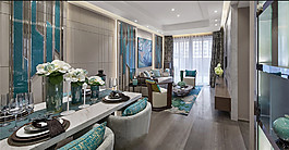 中西混搭客厅蓝色装饰室内装修效果图