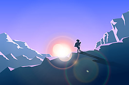 早晨阳光下登山的人物插画