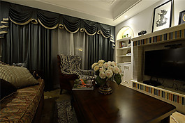 美式客厅灰色窗帘装修效果图