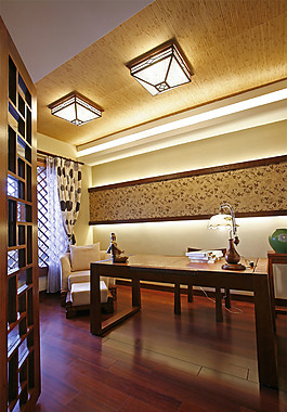 中式混搭客厅亮面木地板室内装修效果图