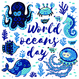 蓝色卡通手绘海洋动物