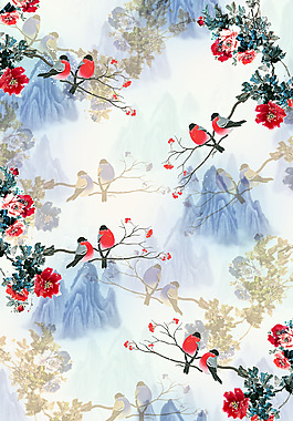 中国风花鸟山水画