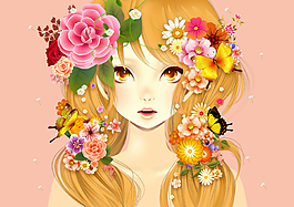 手绘鲜花美女