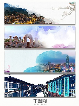 唯美城市手绘景点banner背景