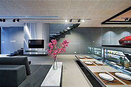 现代时尚客厅浅色亮面餐桌室内装修效果图