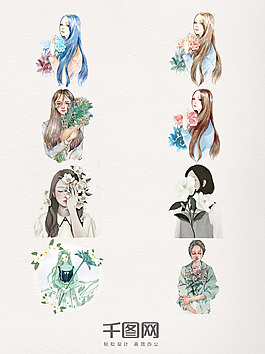 唯美手绘捧花的女孩