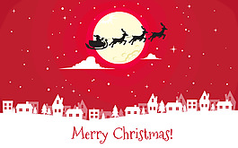 圣诞老人飞越城市的红色背景