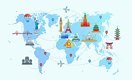世界矢量线旅行图的代表性图标
