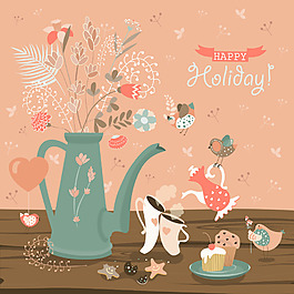 卡通花卉茶壶素材