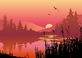 矢量手绘夕阳晚霞风光背景