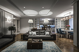 现代简约客厅蓝色地毯效果图