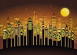朦胧夜景插画建筑素材