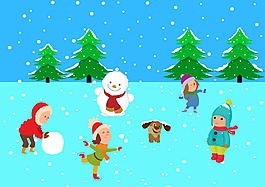 冬天下雪儿童玩耍雪人松树PSD