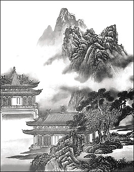 中国风亭子水墨山水装饰元素