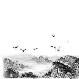 中国风黑色飞鸟水墨山水装饰元素